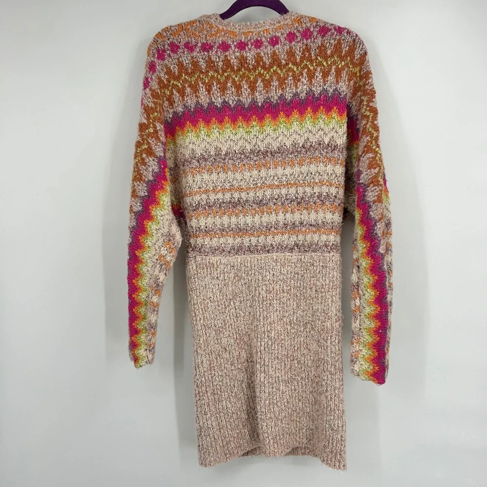 Free People Forever Fair Isle Sweater Dress Strawberry Combo Pink Orange M